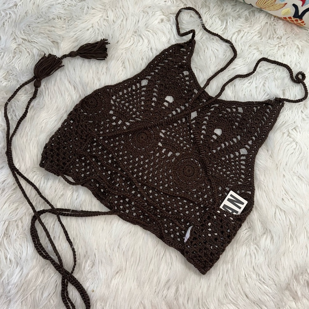 Out From Under • Chocolate Brown Crochet Lace Up Top - Picture 11 of 15